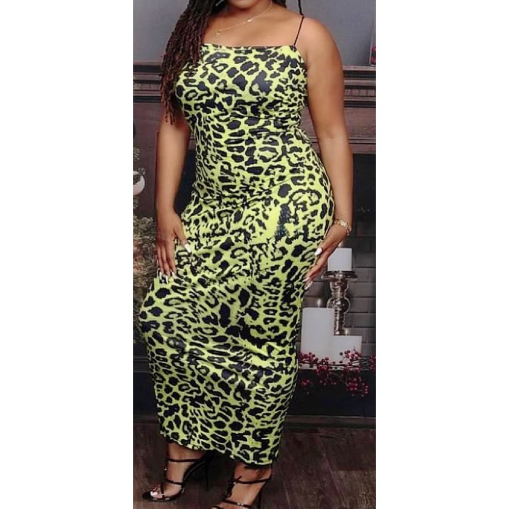 Cheetah print spaghetti strap dress.